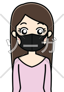 黒のポリウレタンマスク（カラーマスク）を着用してウイルスを防ぐ女性のイラスト