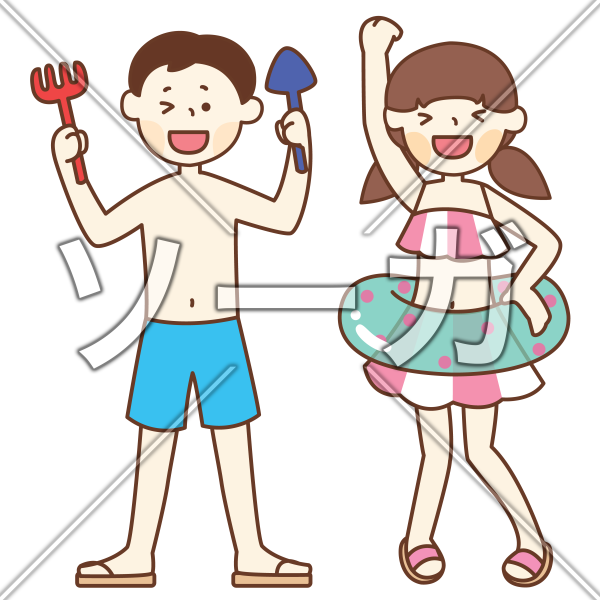 海水浴を楽しむ男の子と女の子 夏休み のイラスト素材 無料 ソーガ