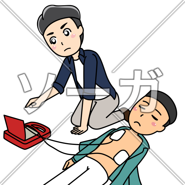 AED（自動体外式除細動器）で救命の防災訓練をするイラスト