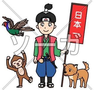 鬼ヶ島に向かう桃太郎と犬・猿・キジのイラスト