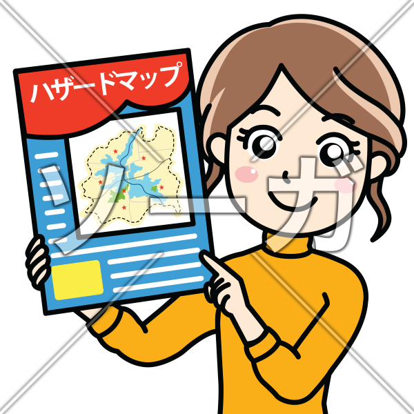 住居区域のハザードマップを紹介する女性のイラスト