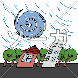 市街に直撃する台風のイラスト