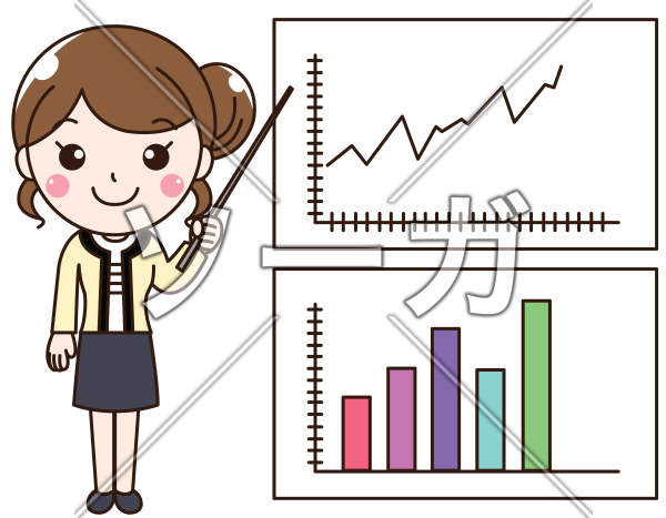 会社の売上を説明する女性 株価 チャート のイラスト素材 無料 ソーガ