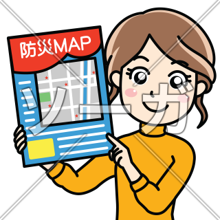 住居区域の防災マップを紹介する女性のイラスト