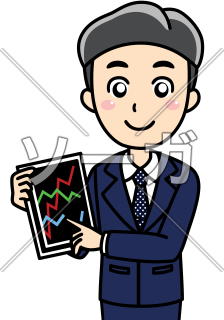 株価をタブレット端末で説明する男性（プロトレーダー）