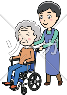 車いすの老人を介護する男性介護士（老人ホーム）