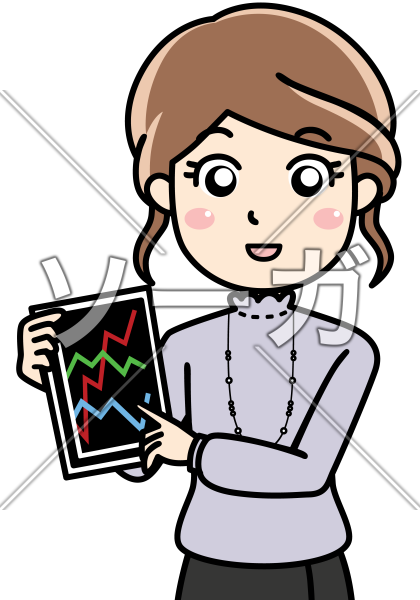 株価をタブレット端末で説明する女性（プロトレーダー）