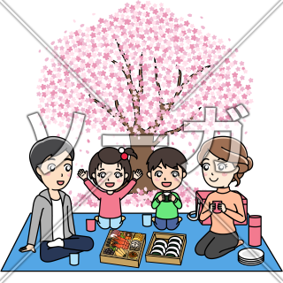 満開の桜の下でお花見を楽しむ家族のイラスト