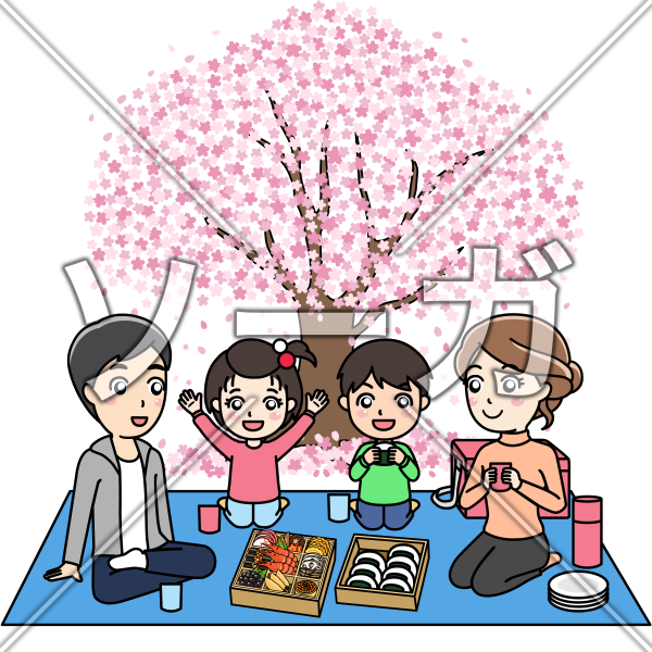 満開の桜の下でお花見を楽しむ家族のイラスト