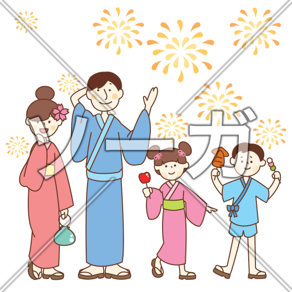 夏祭りの花火を楽しむ家族４人（お祭り）