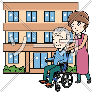 車椅子を押す老人ホーム（介護施設）に勤める介護士さんのイラスト