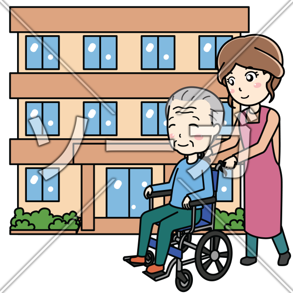 車椅子を押す老人ホーム 介護施設 に勤める介護士さんのイラストの