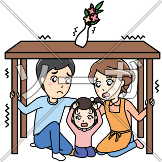 地震で机の下に隠れる家族