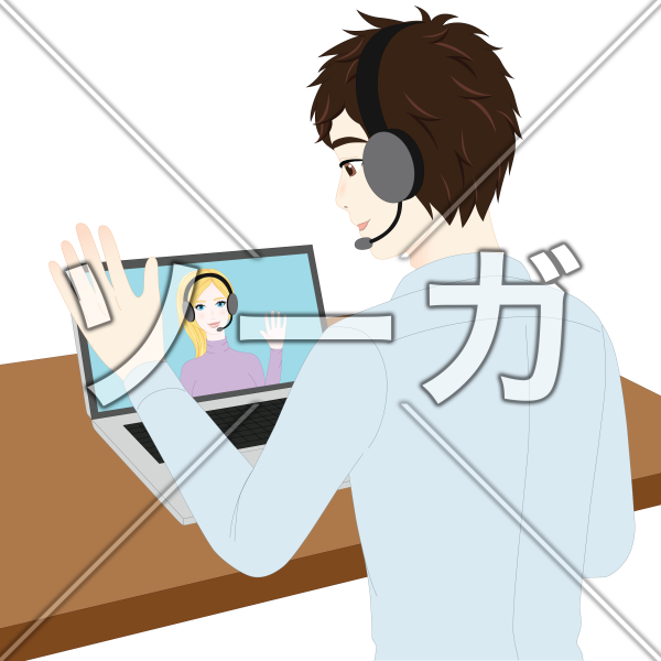 外国の友人とテレビ電話 Skype スカイプ をする男性のイラストのイラスト素材 無料 ソーガ