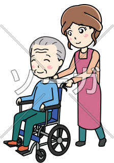 車いすの老人を介護する女性介護士（老人ホーム）